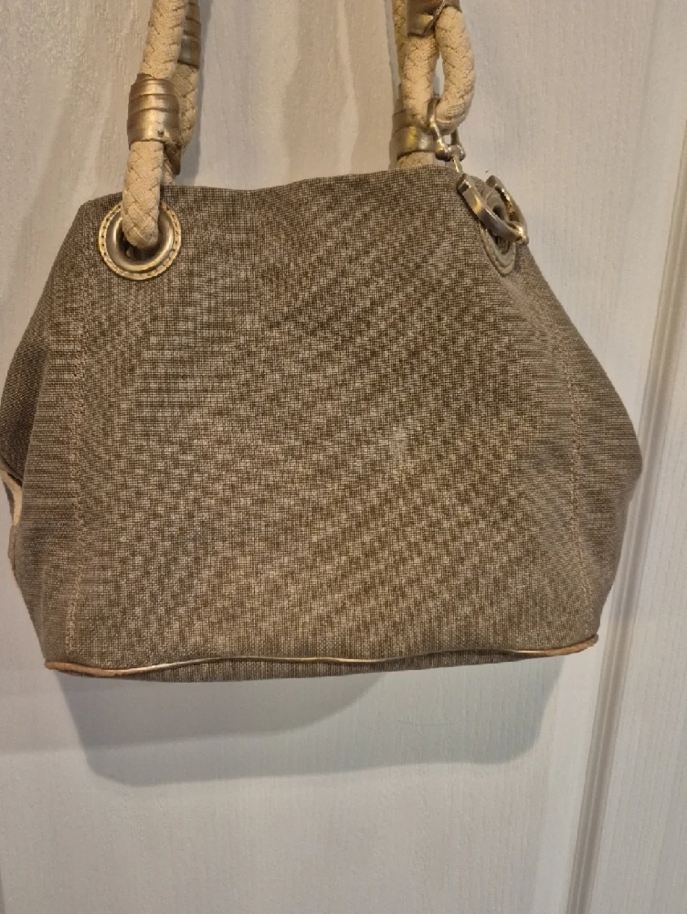 Michael Kors Beige-Tan Rope Handle Shoulder Bag With Gold Leather Trim